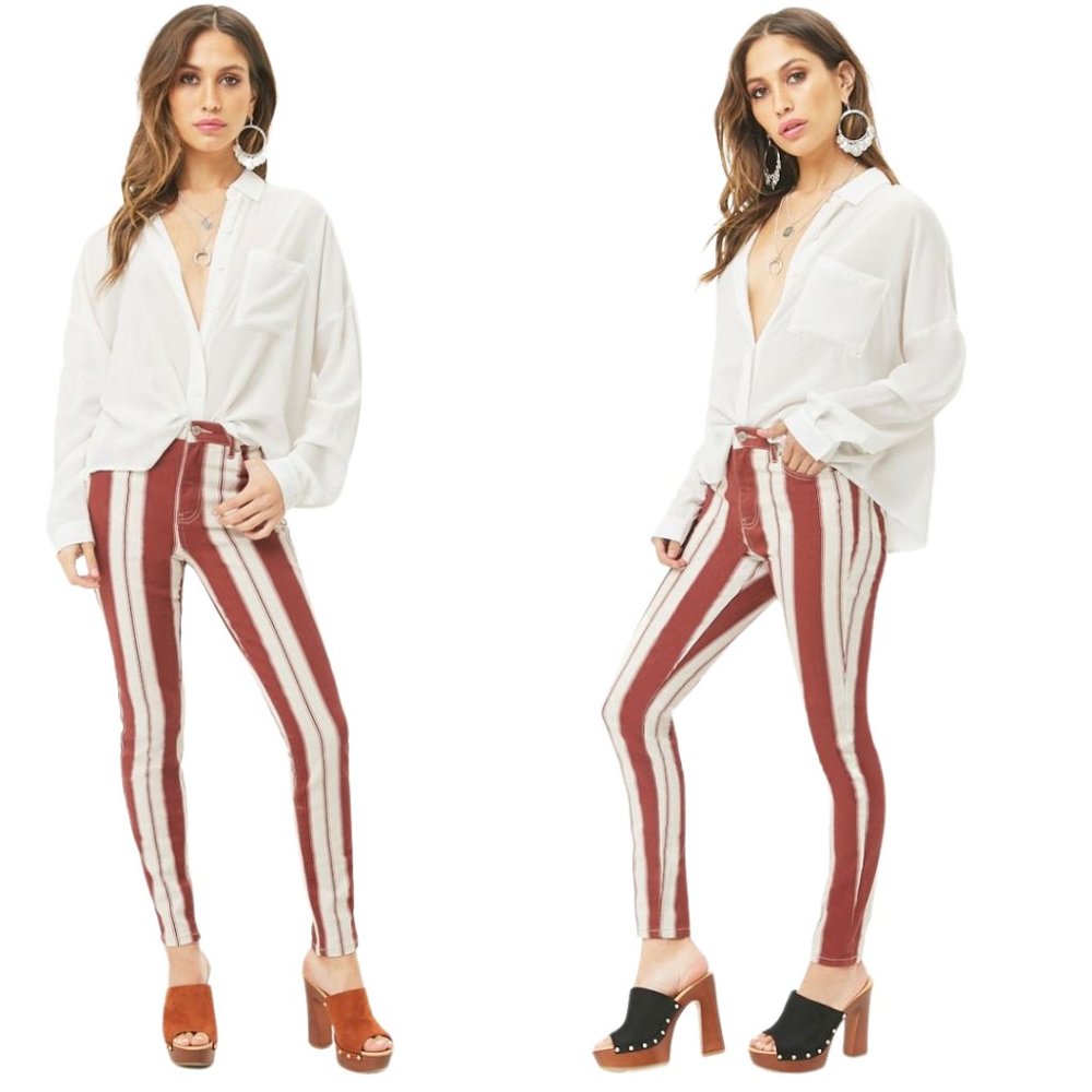 Forever 21 Burgundy & Cream Striped High Rise Jeans